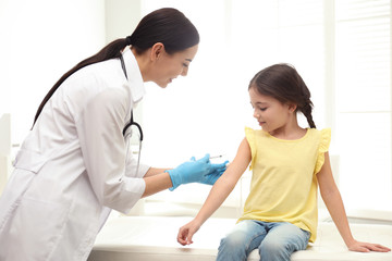 Wall Mural - Doctor vaccinating little child in modern clinic