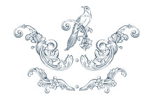 Floral Decorative Vector Elements With Bird, Rococo And Baroque Style