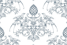 Seamless Pattern With Baroque Luxury Decorative Elements, Rocco Style Birds, Cone And Fashion Swirls