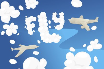 Poster - Origami flight transport, blue sky cutting paper flat vector illustration. Design origami for poster, banner and website. Design paper passenger airplane flying in sky.