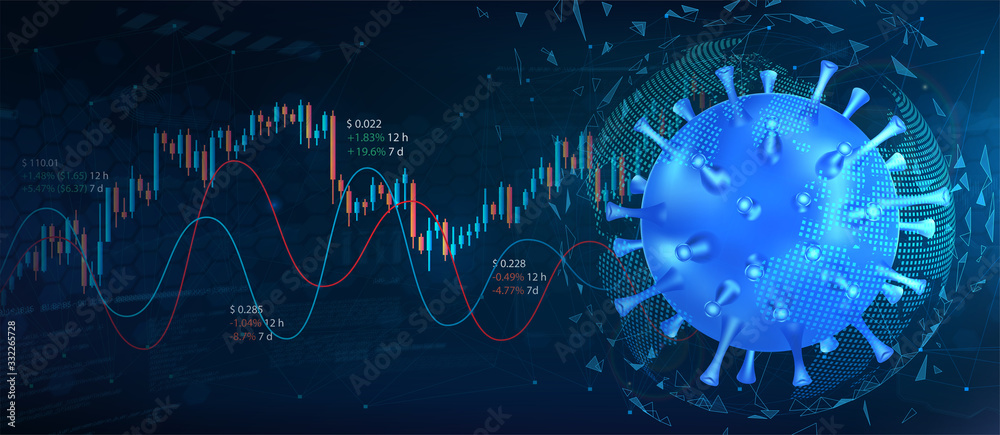 The collapse of the market and the stock exchange due to coronavirus. Covid-19 virus hits market. Markets plunging. Economic fallout. Shares fall down. Vector background Coronavirus and market.  - obrazy, fototapety, plakaty 