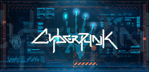 Poster - Futuristic cyberpunk poster with elements HUD, GUI, UI. Hi-tech Interface and biometric recognition systems for faces and fingerprints. Open palm with inscription in English and Japanese - Cyberpunk