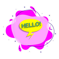 Poster - comic speech bubble with expression text hello liquid bacdge icon. simple color vector of people aro