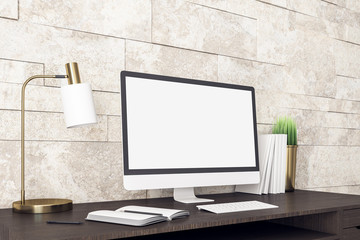 Aufkleber - Computer on contemporary designer workplace with white screen.