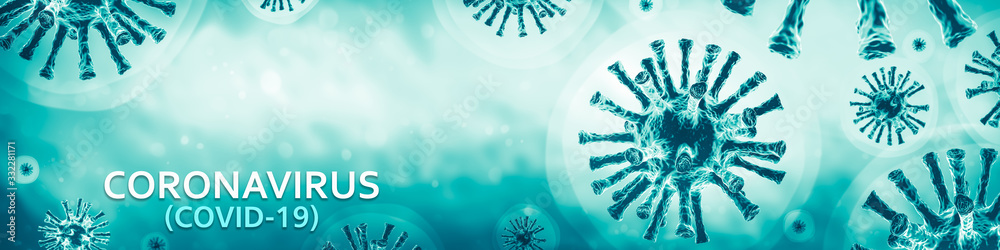 3d Rendering Of Covid-19 / Coronavirus In Blue Background With Text - Virology Concept - obrazy, fototapety, plakaty 