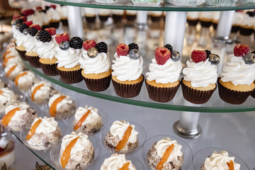 Wall Mural - Details of a festival catering: cupcakes with fresh berries and cake pops, biscuits. Selective focus. Beautifully decorated table. Delicious candy bar at the wedding ceremony