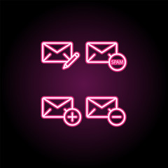 Poster - Mail, write, spam, plus, minus sign neon icon. Simple thin line, outline vector of web icons for ui and ux, website or mobile application