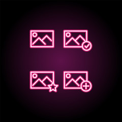 Poster - Picture, star, plus, check sign neon icon. Simple thin line, outline vector of web icons for ui and ux, website or mobile application
