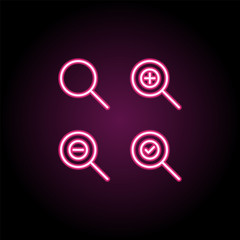 Poster - Magnifier, plus, check, minus sign neon icon. Simple thin line, outline vector of web icons for ui and ux, website or mobile application