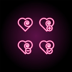 Poster - Heart, plus, check, minus sign neon icon. Simple thin line, outline vector of web icons for ui and ux, website or mobile application
