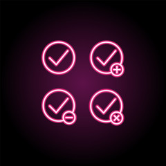Poster - Check, plus, check, minus sign neon icon. Simple thin line, outline vector of web icons for ui and ux, website or mobile application