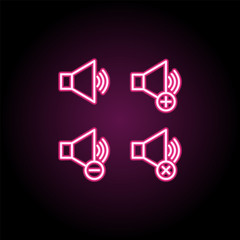 Poster - Sound, plus, remove, minus sign neon icon. Simple thin line, outline vector of web icons for ui and ux, website or mobile application