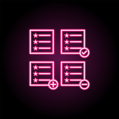 Poster - Test, list, plus, check, minus sign neon icon. Simple thin line, outline vector of web icons for ui and ux, website or mobile application