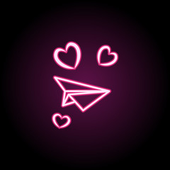 Poster - Paper airplane with hearts neon icon. Simple thin line, outline vector of wedding icons for ui and ux, website or mobile application