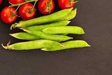 Vegetables Green Peas Pod Branch Of Tomatoes Black Background Design Culinary