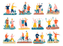 Active Seniors Concept With Colorful Icons Of Elderly People And Couples Exercising, Jogging, Hiking, Cycling, Walking The Dog, Dancing And Playing Tennis, Vector Illustrations