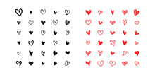 Set Of Scribble Black And Red Hearts. Collection Of Heart Shapes Draw The Hand. Symbol Of Love. Design Elements For Valentine's Day Card. Vector Hearts. Vector Illustration.