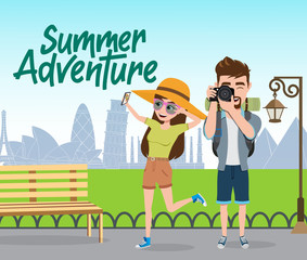 Wall Mural - summer adventure vector concept design. summer adventure text with couple tourist traveler character
