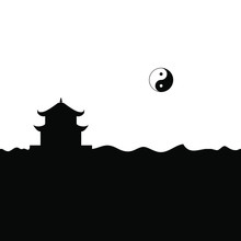 Taoism Temple And Yin Yang Symbol. Vector.
