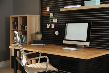 Poster - comfortable workplace with office chair and computer on wooden table