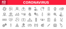 Set Of 40 Coronavirus Protection Web Icons In Line Style. Safety, Health, Coronavirus, Virus, Outbreak, Contagious, Epidemic, Infection. Medical Mask. Vector Illustration.