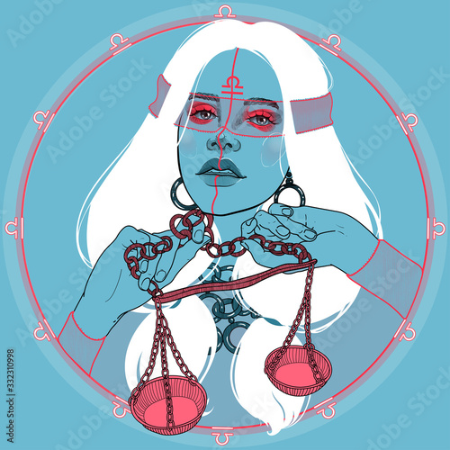 Fotografía portrait of a girl with scales zodiac sign and horoscope, goddess Nemesis or Th