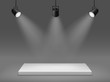 Podium with spotlights. Illuminated empty pedestal, 3d platform for show, rectangular scene with studio light, realistic vector concept