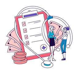 Poster - Agent and client discussing health insurance. Women talking near medical protection checklist and money. Vector illustration for healthcare, security, service, medicine concept