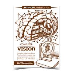 Wall Mural - Computer Vision Creative Advertising Banner Vector. Innovation Computer Motherboard With Cooler In Brain And Web Camera. Artificial Intelligence Face Recognition Monochrome Illustration