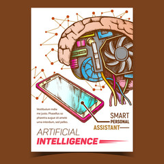 Canvas Print - Artificial Intelligence Ai Promotion Banner Vector. Ai Cybernetic Brain And Phone Smart Personal Assistant Device. Motherboard, Cooler And Computer Details Designed In Retro Style Illustration