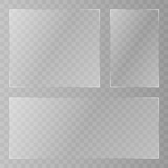 Glass plate on transparent background. Acrylic and glass texture with glares and light. Realistic transparent glass window in rectangle frame. Vector