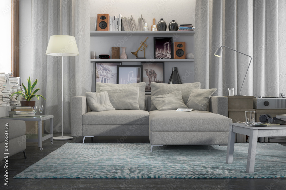 Contemporary and comfortable - 3d visualization of an apartment - obrazy, fototapety, plakaty 