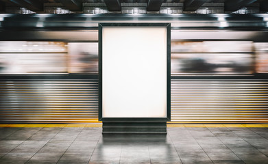 mock up poster media template ads display in nyc train subway station with moving train on backgroun