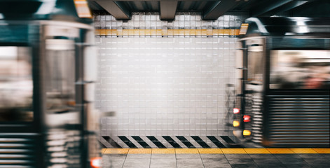 Wall Mural - Mock up NYC Train Subway Station with Free Space for mockup photos, frames, ad and prints between two Moving Train on background. Realistic 3d render illustration