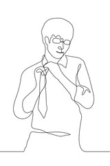 Wall Mural - One continuous line art of a young man with glasses and a shirt standing. Vector outline man untie/tie a long tie. Choking, fatigue, stress. It can be used for animation.