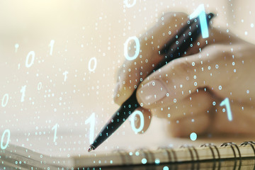 Leinwandbilder - Creative abstract binary code sketch and woman hand writing in notepad on background, hacking and matrix concept. Multiexposure