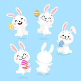 Fototapeta Pokój dzieciecy - Cute Easter bunny with decorating egg collection. White rabbit in holidays cartoon character. -Vector