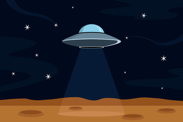 flying saucer above planet. cartoon style. vector illustration.