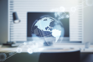 Aufkleber - Creative abstract robotics technology hologram with globe on modern computer background, artificial intelligence and machine learning concept. Multi exposure