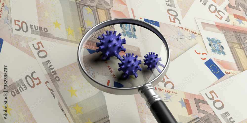 COVID19 Coronavirus infection, medical magnifier on euro banknotes background. 3d illustration - obrazy, fototapety, plakaty 