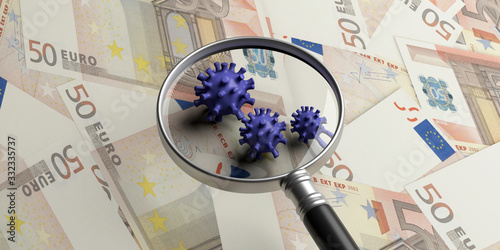 Fotomural COVID19 Coronavirus infection, medical magnifier on euro banknotes background
