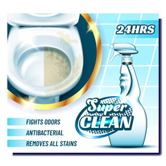 Sticker - Super Clean Creative Advertising Poster Vector. Blank Plastic Spray Bottle With Antibacterial Liquid For Clean Toilet. Empty Clear Package. Container Concept Template Realistic 3d Illustration