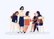 © Good Studio - Cartoon female sitting together in circle talking about problem vector flat illustration. Woman discussion at psychological therapy in group isolated on white. People at psychotherapeutic meeting