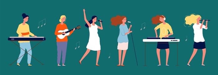 Poster - Girls band. Female musicians and singers with musical instruments. Women singing team vector characters. Illustration concert singer, performance band