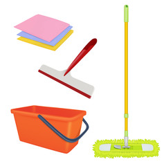 Poster - Cleaning service equipment. Bucket brush floor broom washing tools vector realistic set. Brush broom, cleaner equipment, bucket for housework iillustration