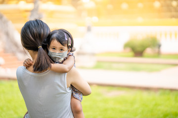 Wall Mural - Mum and daughter Standing at Temple in Thailand wearing face mask protect filter against air pollution (pm2.5) and Covid 19