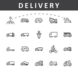 Wall Mural - Truck Set of Transport Vector Line Icons. Contains such Icons as Truck, Transportation, Tow Truck, Cranes, Mixer, Garbage Truck, Manipulators, Delivery service and more. Editable Stroke. 32x32 Pixels