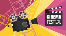 Film Festival, Film Festival Icon. Retro Movie Camera On A Colored Background. Vector, Cartoon Illustration.