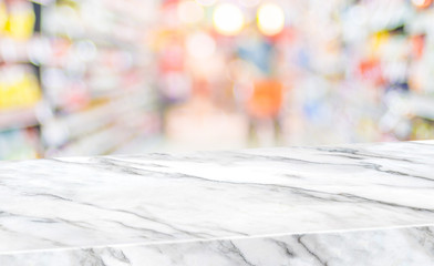 Aufkleber - marble diagonal table with people shopping food at supermarket blur background.Mock up  banner for display of product at grocery bokeh backdrop