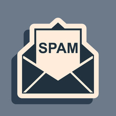 Poster - Black Envelope with spam icon isolated on grey background. Concept of virus, piracy, hacking and security. Long shadow style. Vector Illustration